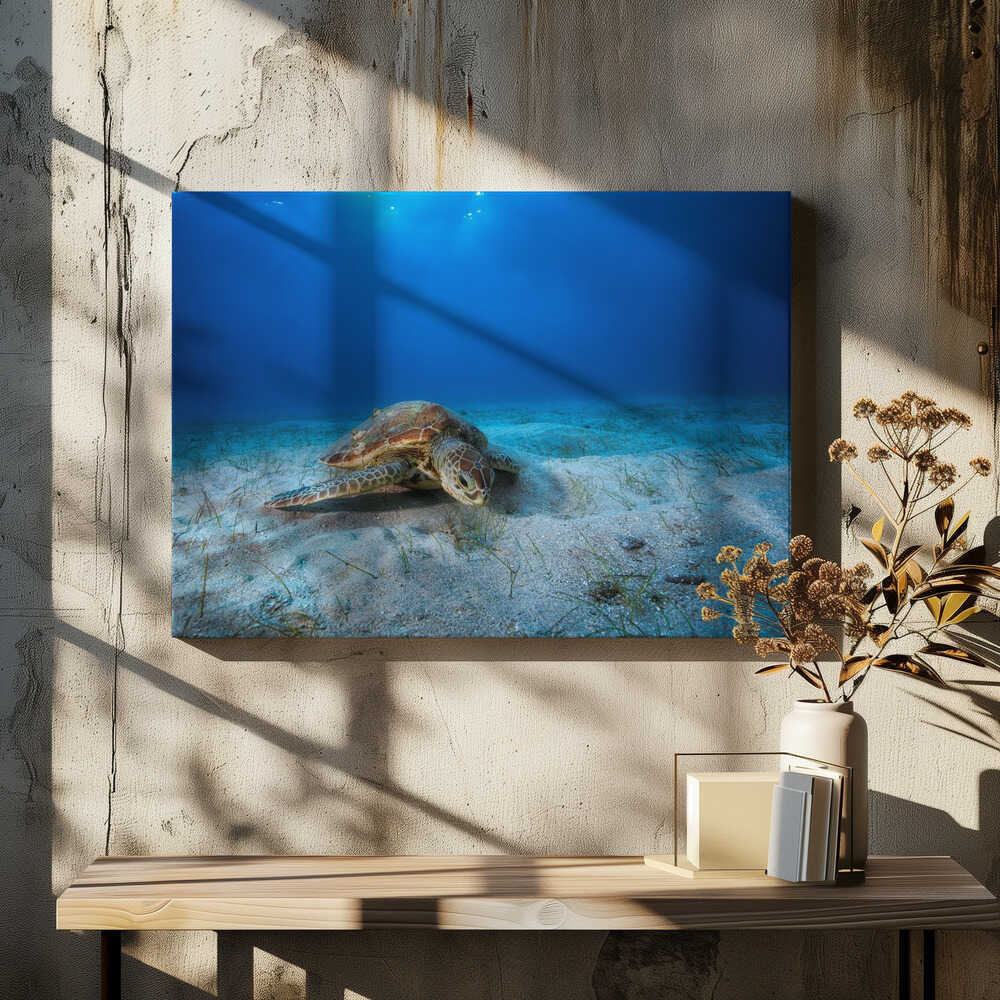 Green turtle in the blue