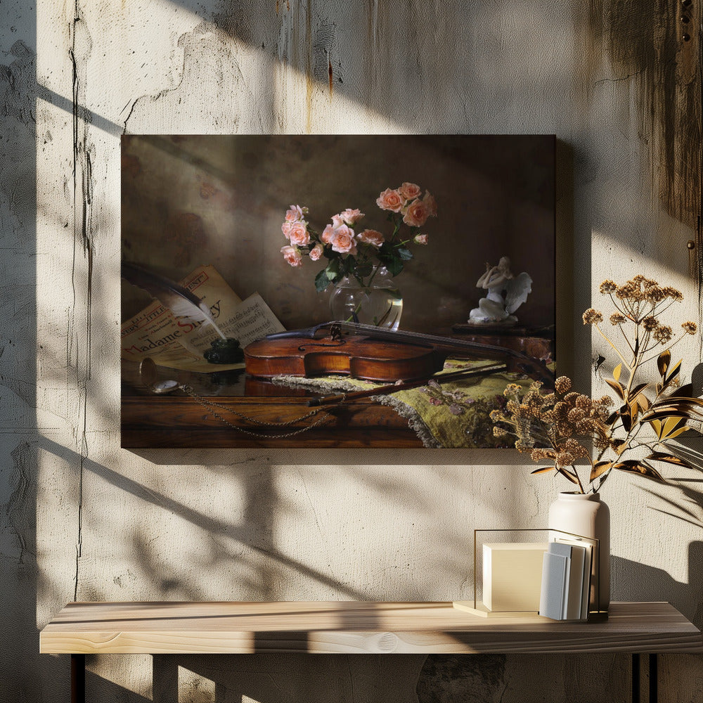 Still life with violin and roses