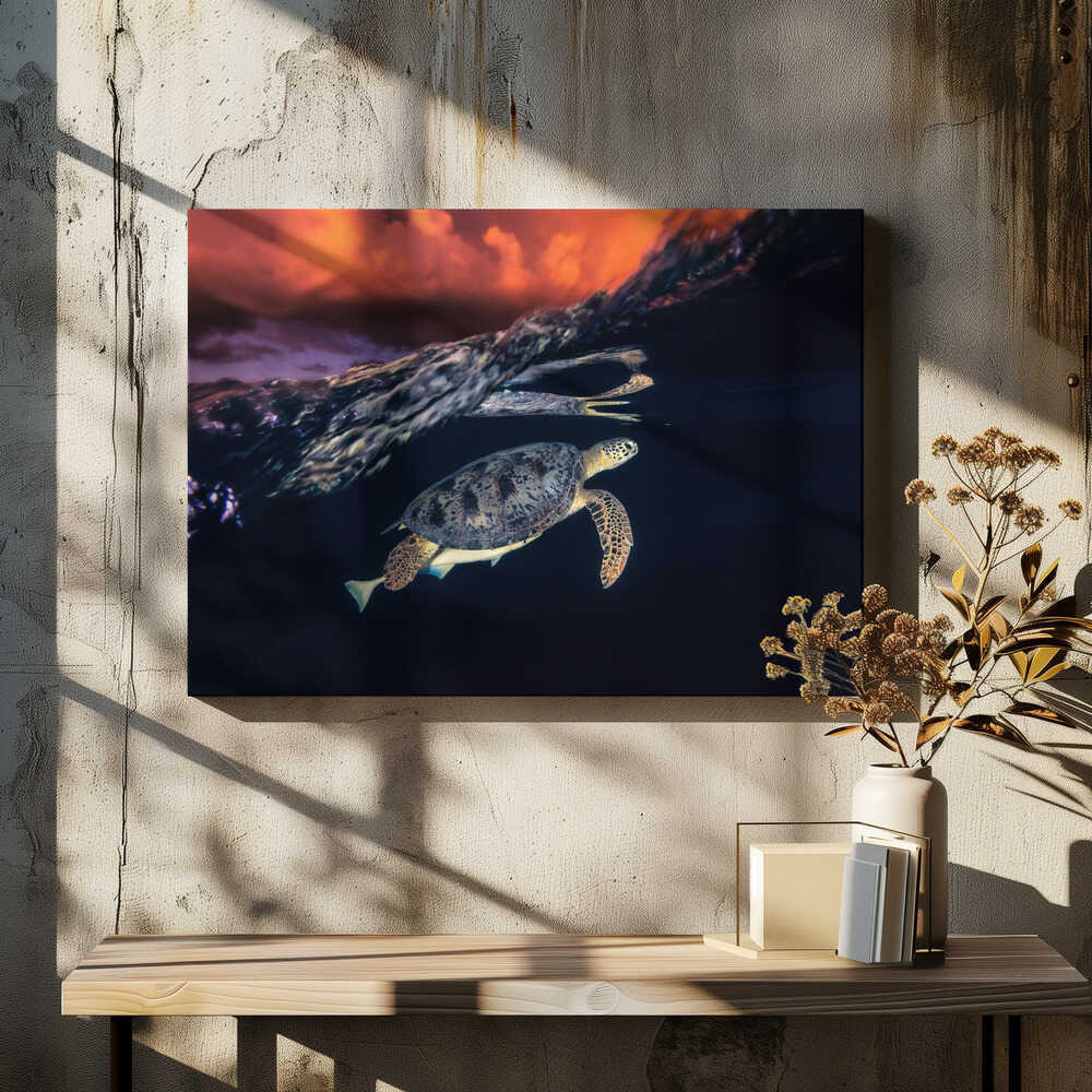 Green turtle and sunset - Sea Turtle