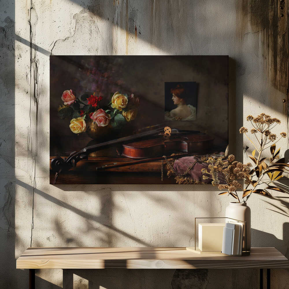 Still life with violin and flowers