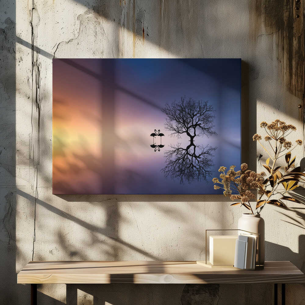 Flamingos in a lake with a tree