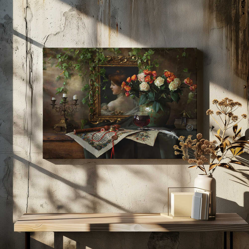 Still life with flowers and picture