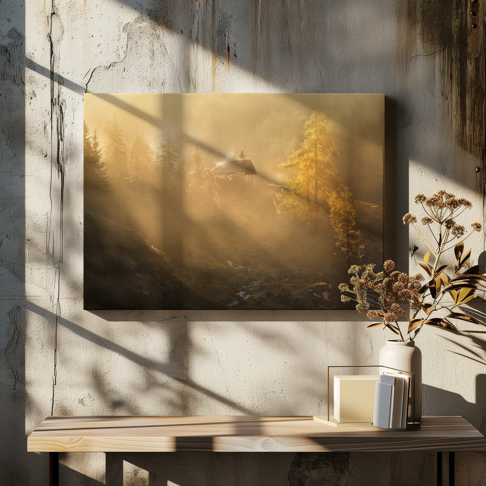 Alpine church in the morning fog