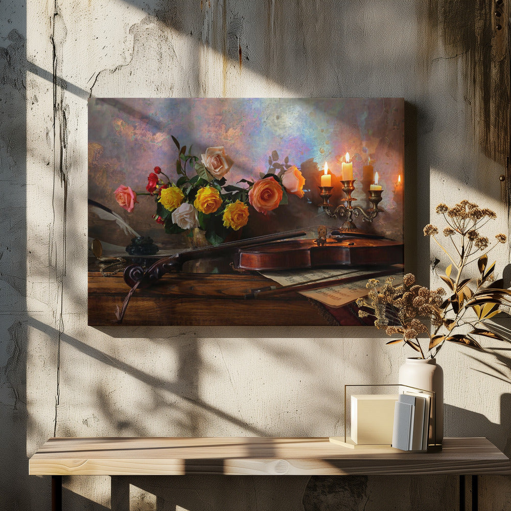 Still life with violin and flowers