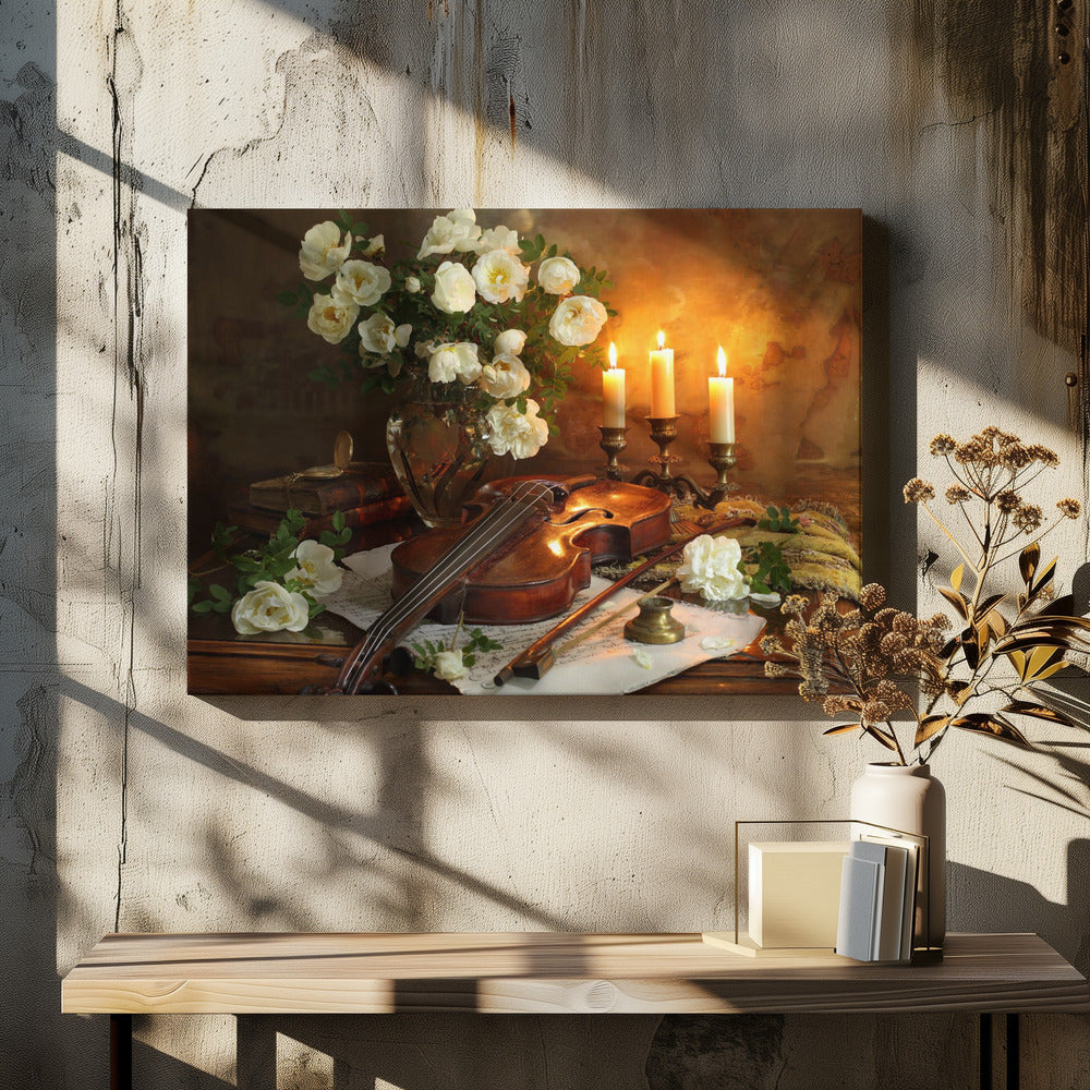 Still life with violin and flowers