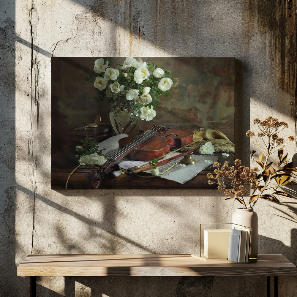 Still life with violin and roses