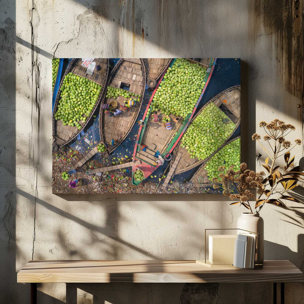 Workers unload watermelons from the boats using big baskets