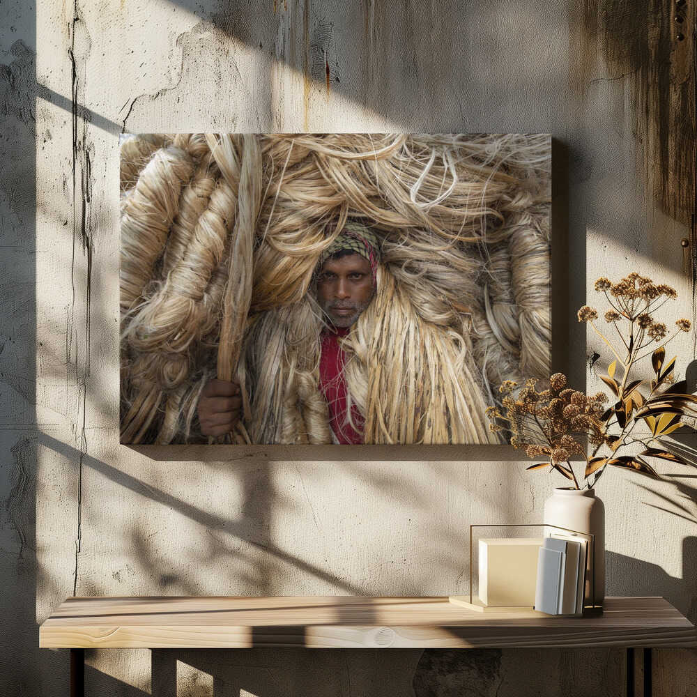 Workers carry heavy jute fibers on their shoulders