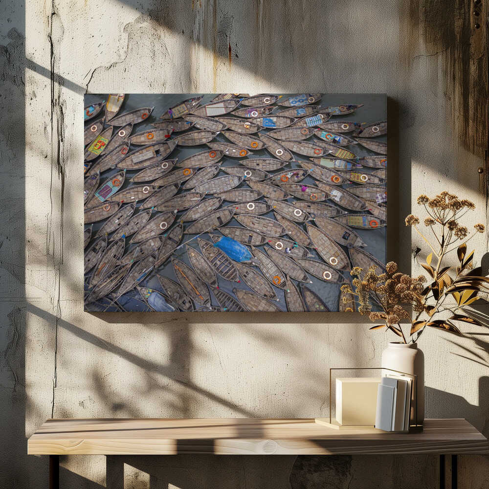 Boats laid out like petals with life saving rings