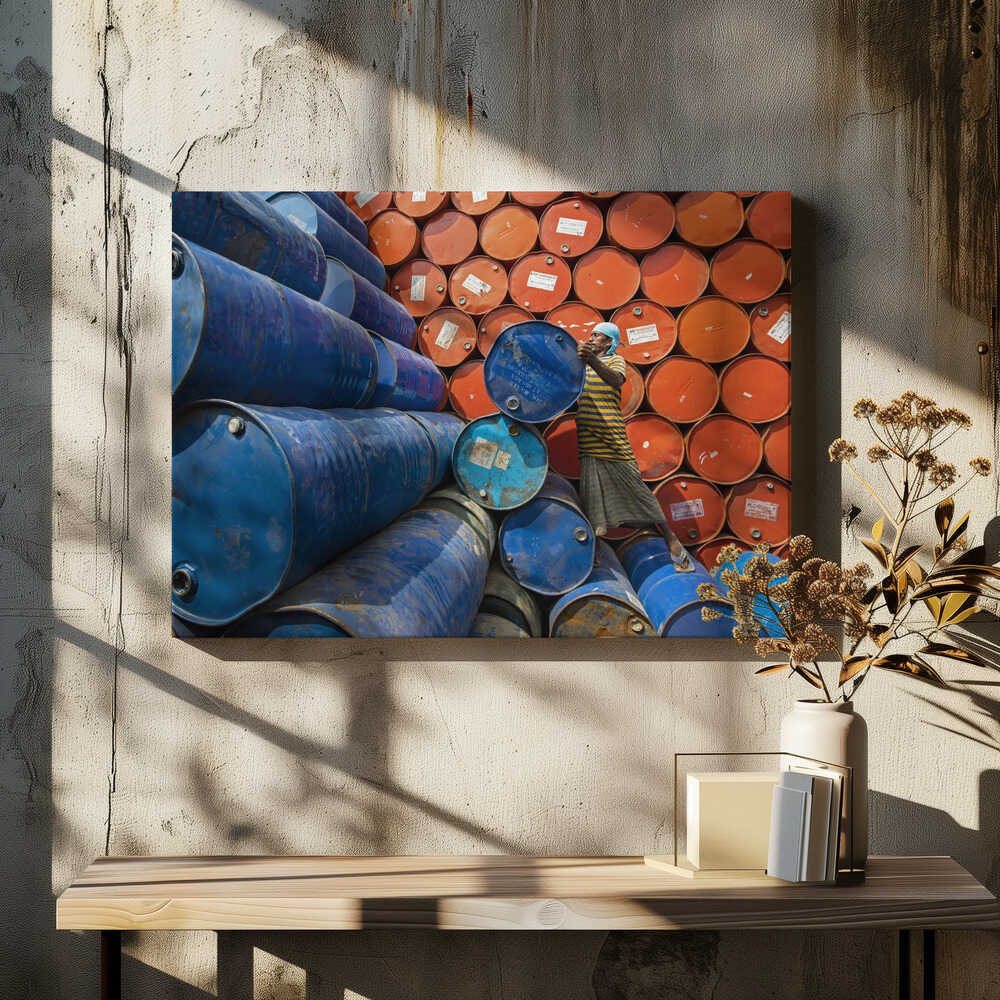 Worker sorting colorful oil drums