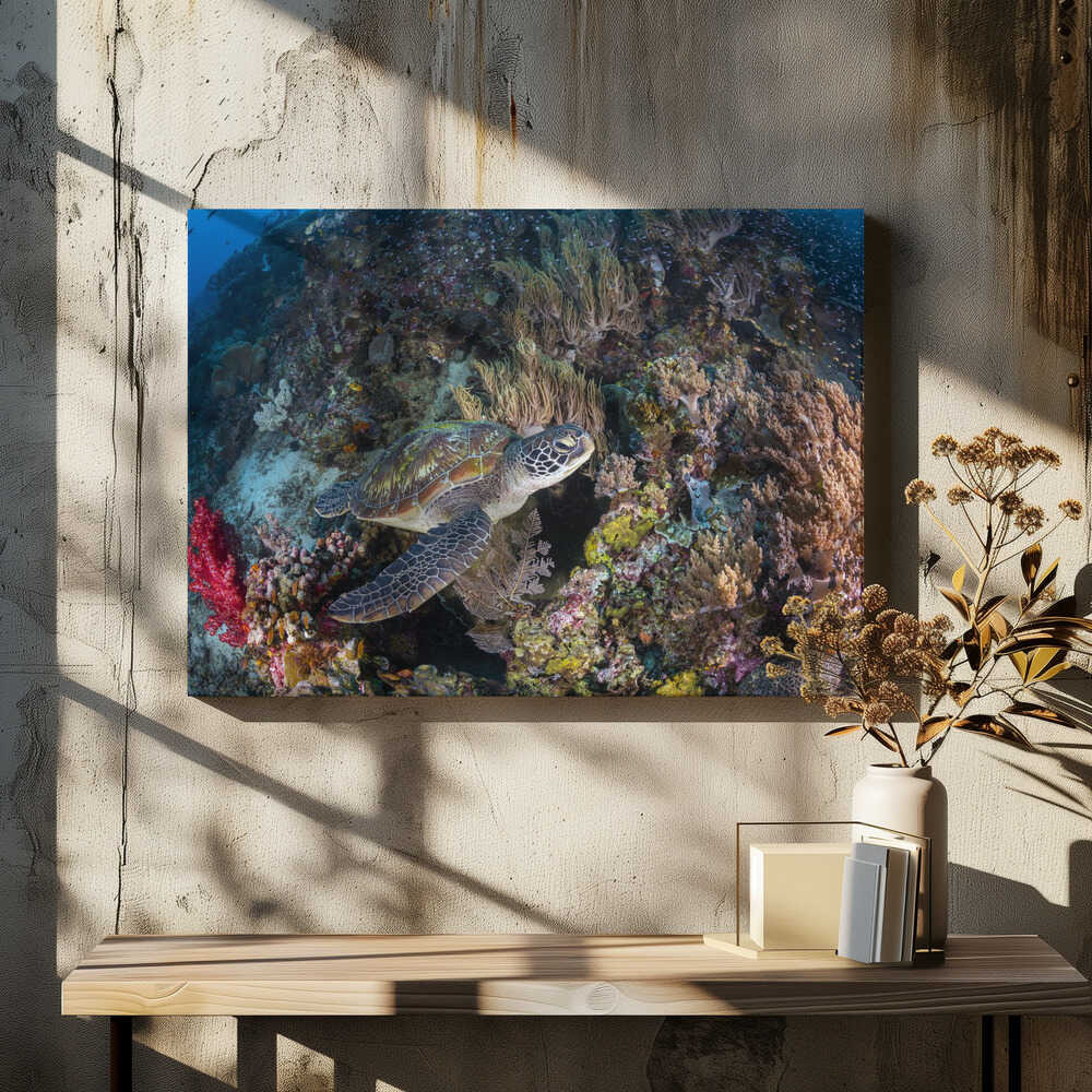 Coral garden and green turtle