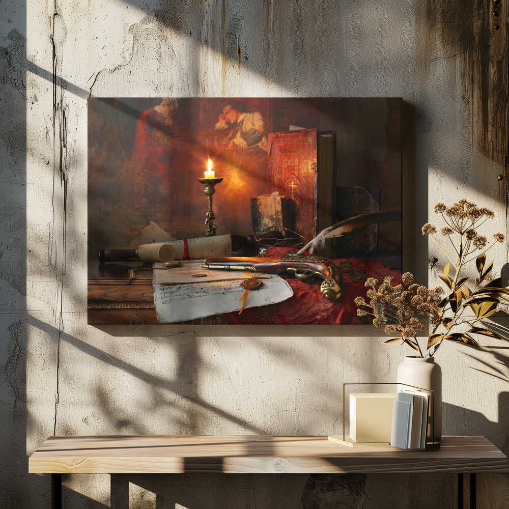 Still life with a scroll and a pistol