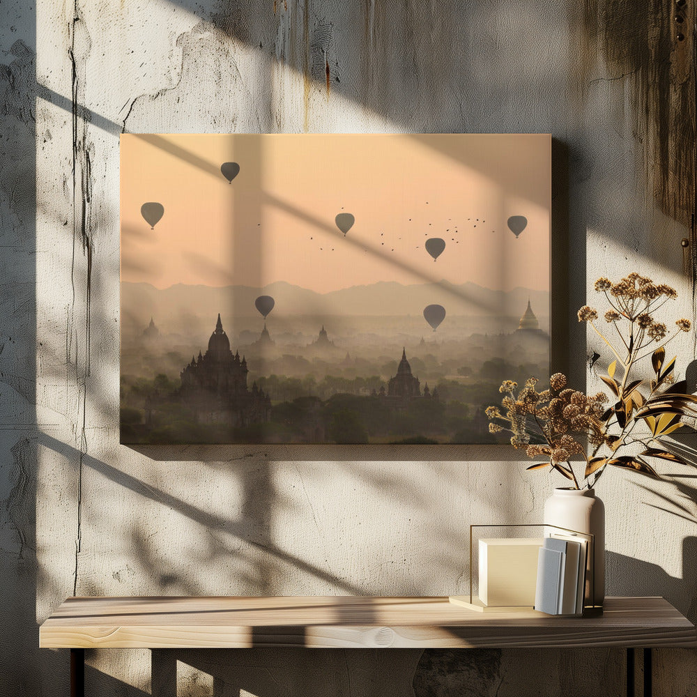 Bagan, balloons flying over ancient temples