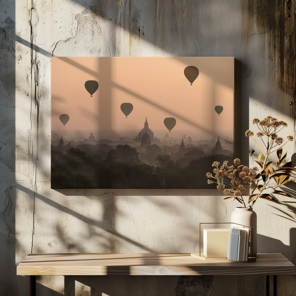 Bagan, balloons flying over ancient temples