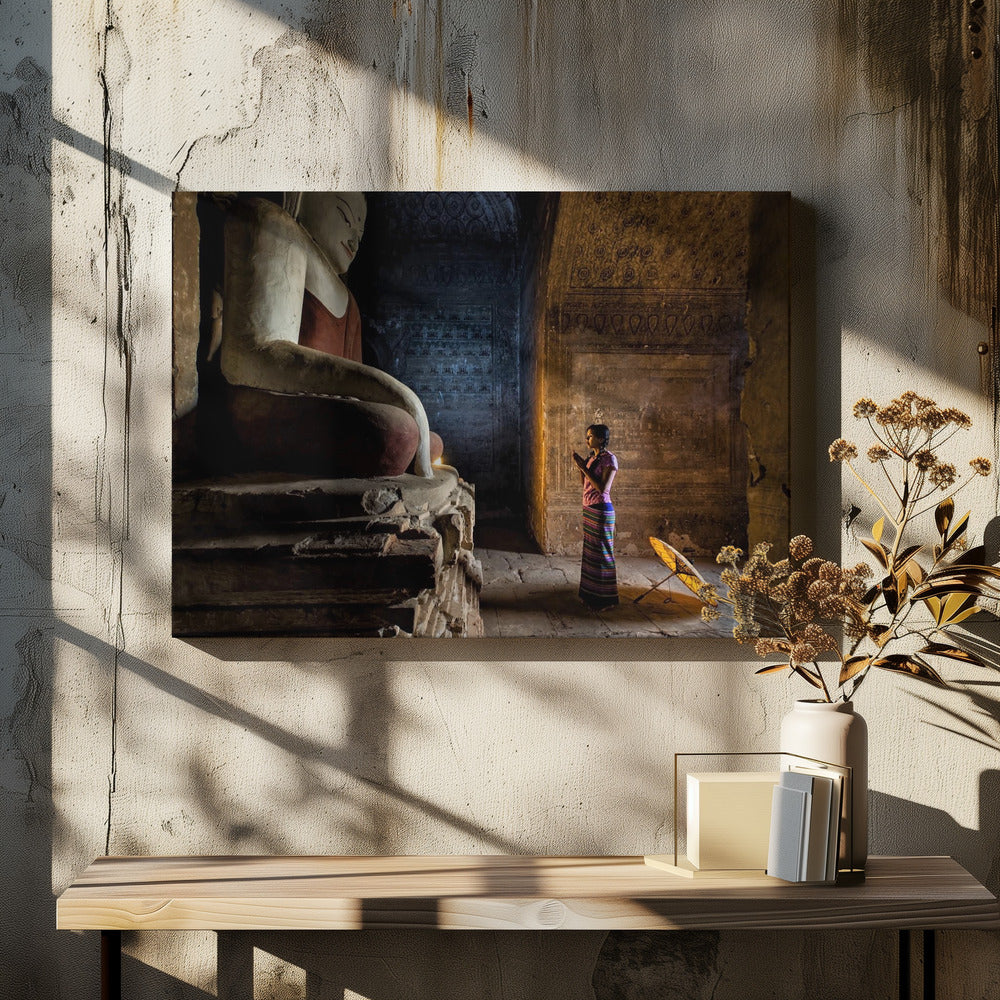 Young lady and umbrella in pagoda