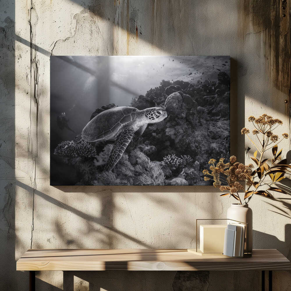 Green turtle in black and white