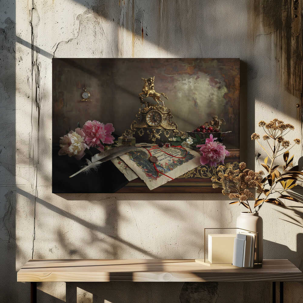 Still life with clock and peonies