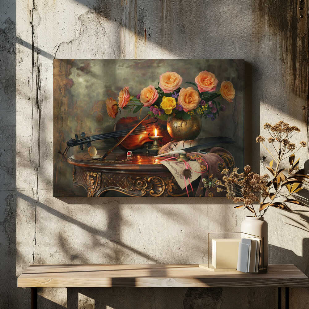 Still life with violin and flowers