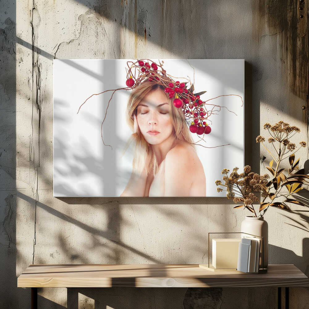 Woman portrait with Christmas wreath on her head