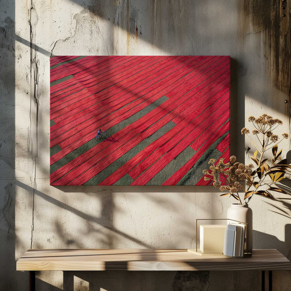 Bicyclist on the red fabrics