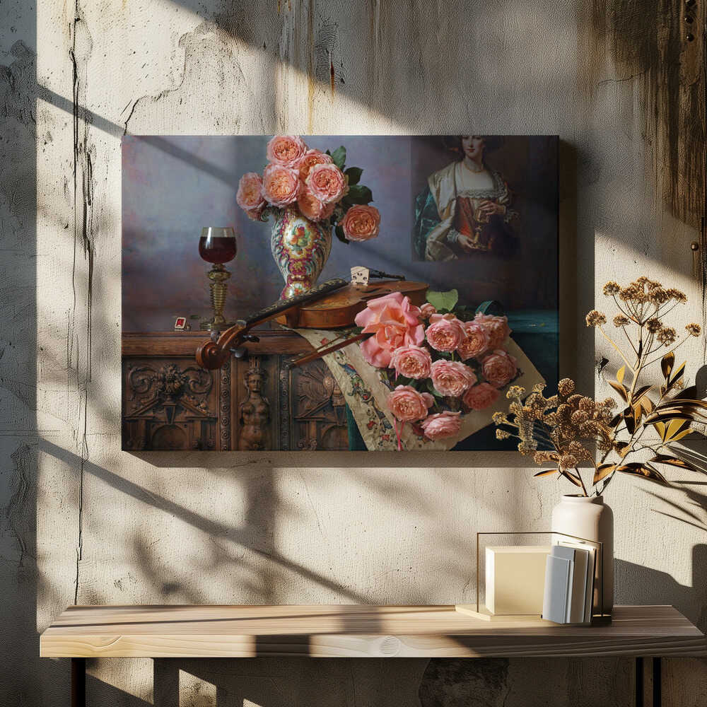 Still life with violin and roses