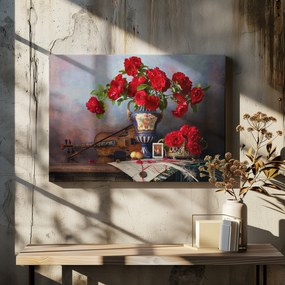 Still life with violin and red roses