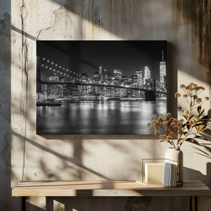 Art Prints of MANHATTAN SKYLINE & BROOKLYN BRIDGE Idyllic Nightscape - Monochrome Panoramic