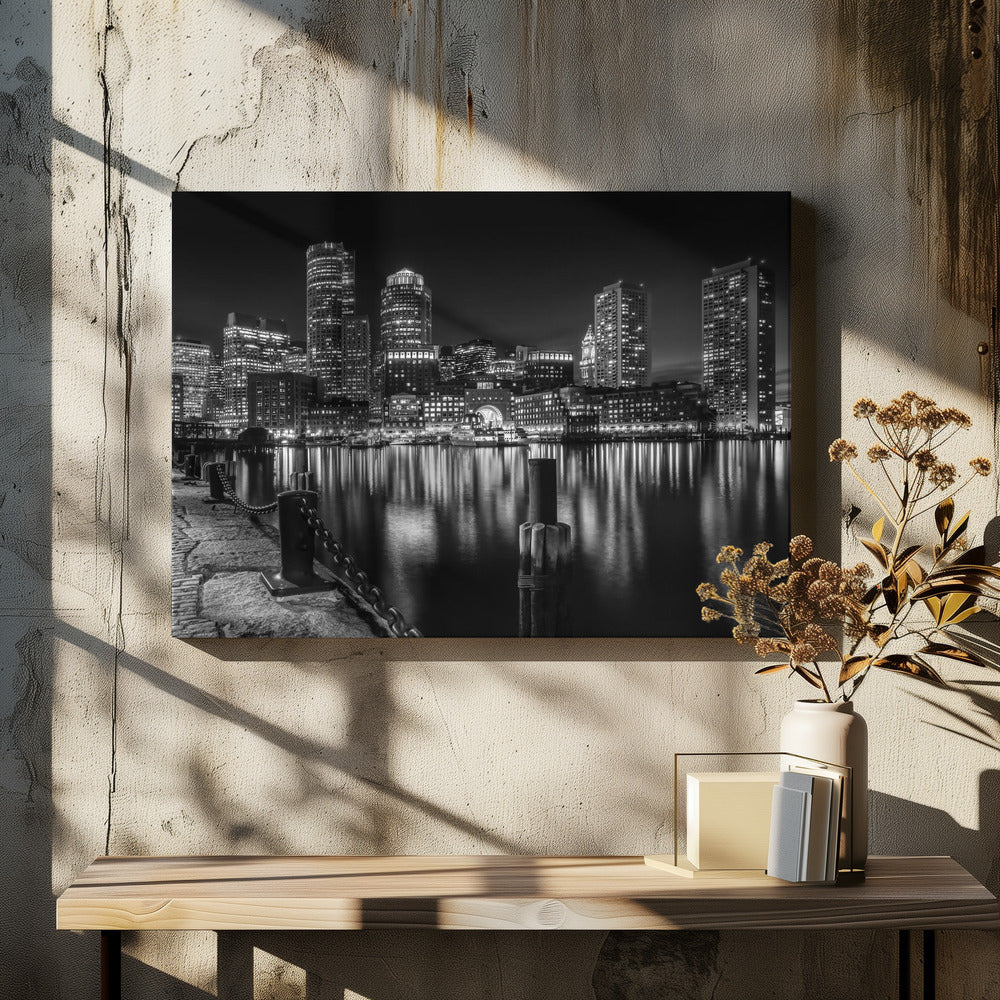 Art Prints of BOSTON Fan Pier Park & Skyline at night - monochrome