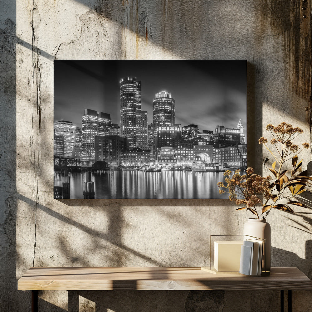 Art Prints of BOSTON Fan Pier Park & Skyline in the evening - Monochrome Panoramic