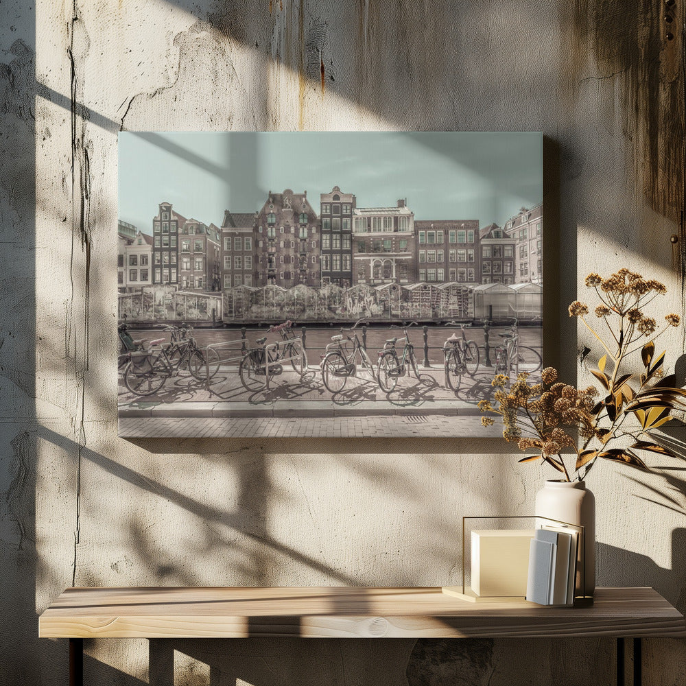 Art Prints of AMSTERDAM Singel Canal with Flower Market | urban vintage style