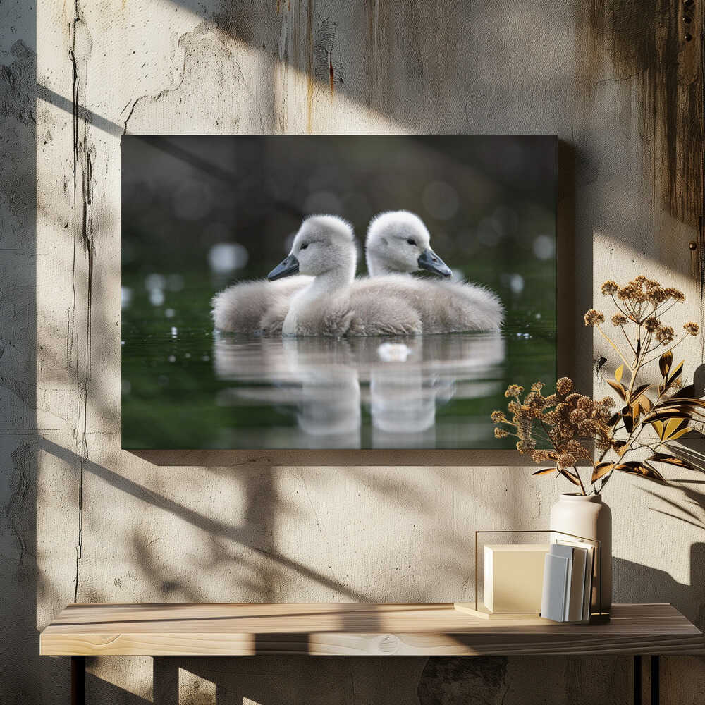 Wild swan babies on the lake