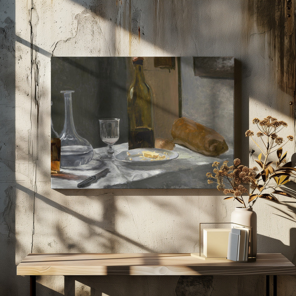 Still Life With Bottle, Carafe, Bread, and Wine (1862–1863) By Claude Monet