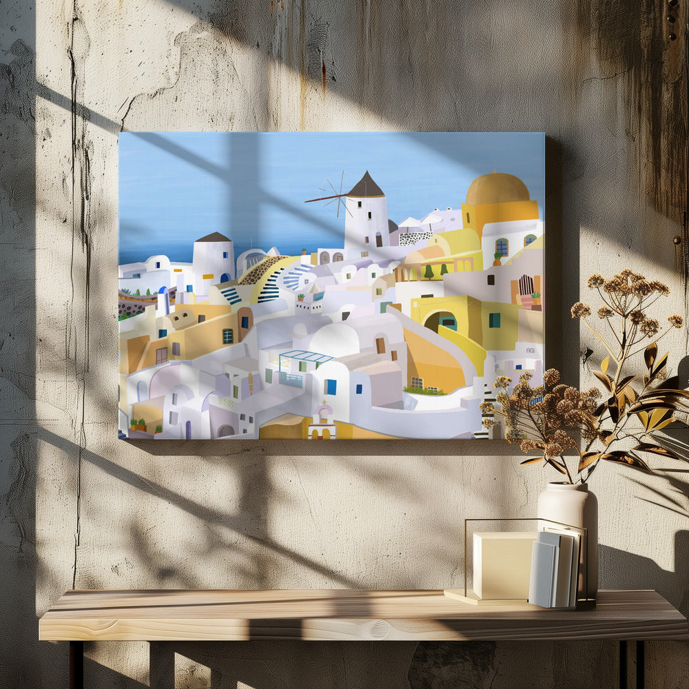 Santorini, Yellow and White Greek Buildings by Artist Carla Daly