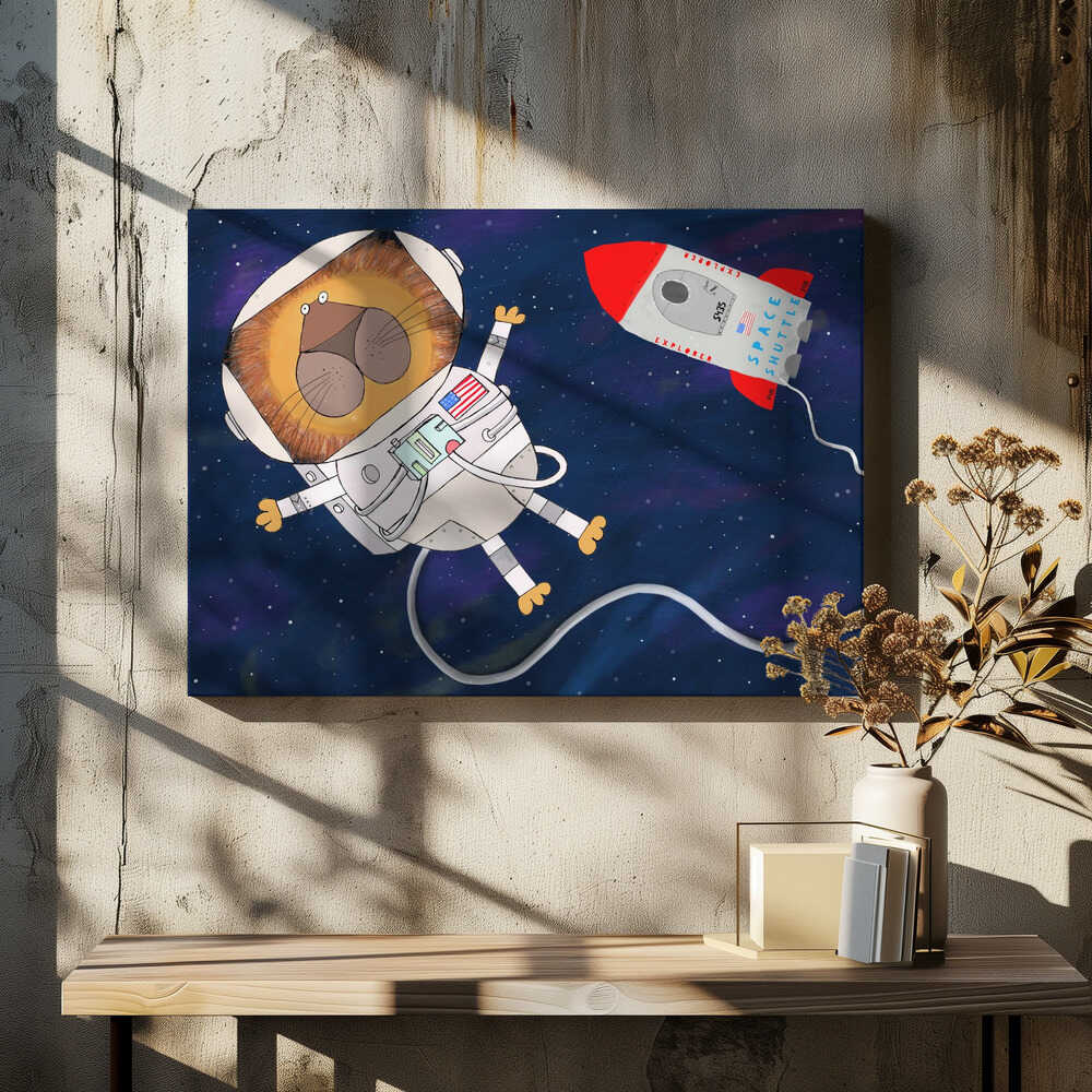 Funny Lion Astronaut is Swirling in Space by Artist Carla Daly