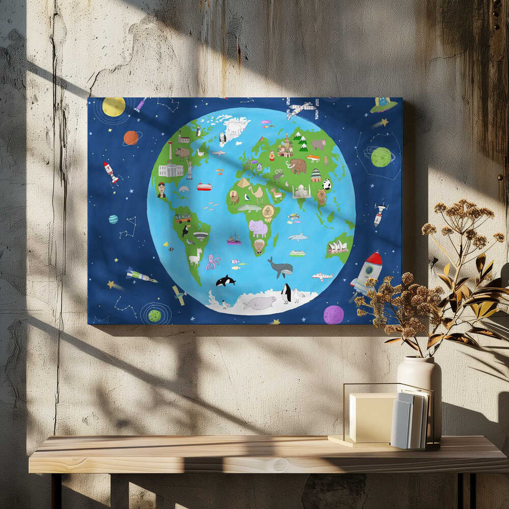 Illustrated Map of the World from Space by Artist Carla Daly
