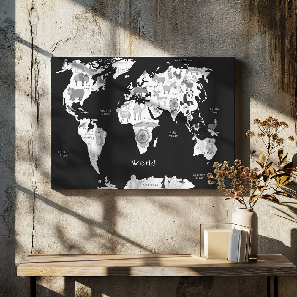 Black and White Illustrated Animal World Map by Carla Daly