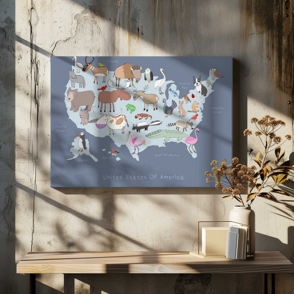 United States of America Dark Grey with Cute Animals by Artist Carla Daly