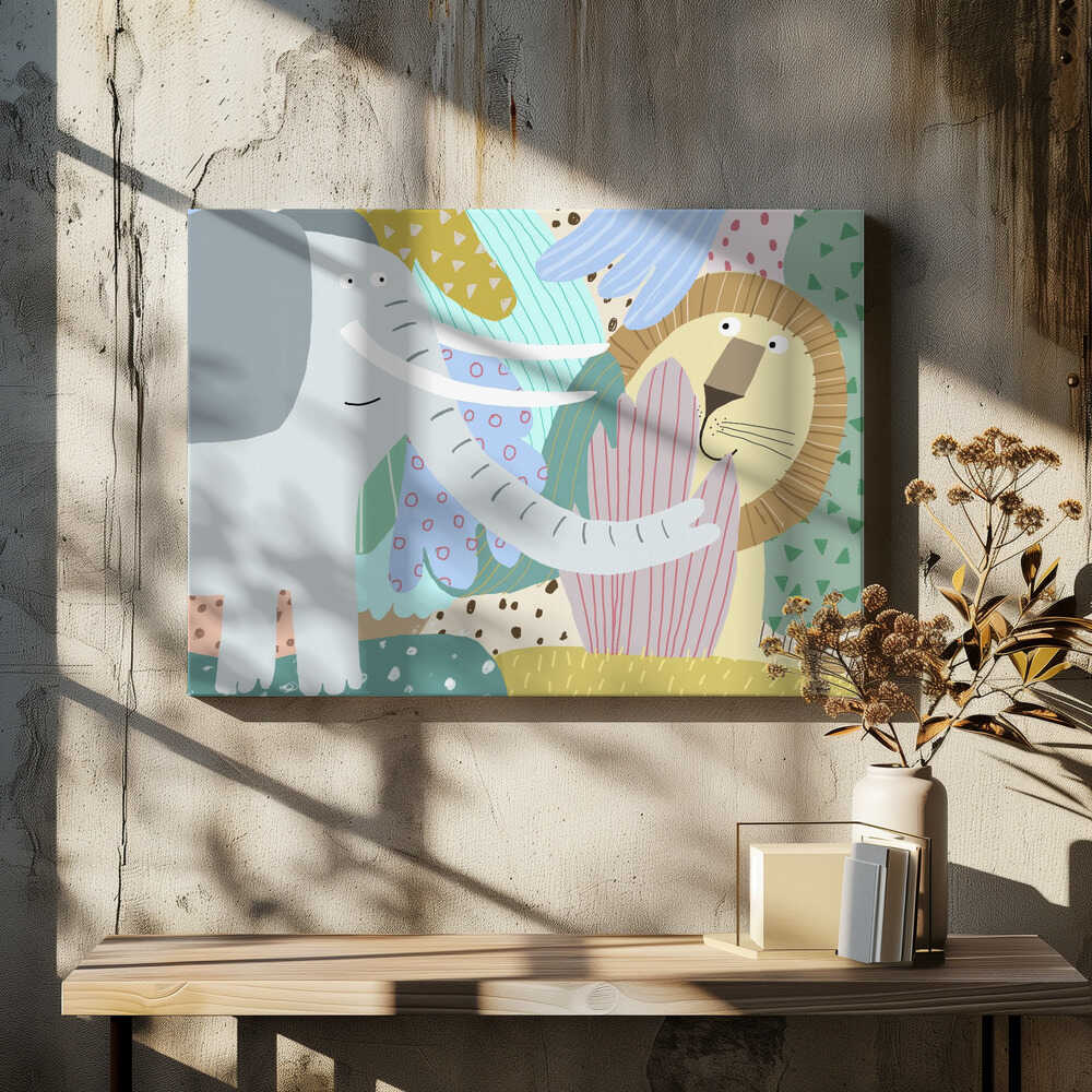 Cute Elephant with Lion Peeking Out of the Jungle