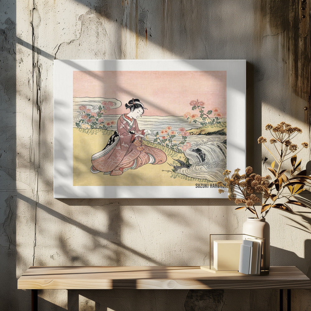 Japanese Woman Picking Chrysanthemum (1725 1770) Vintage Woodblock Print