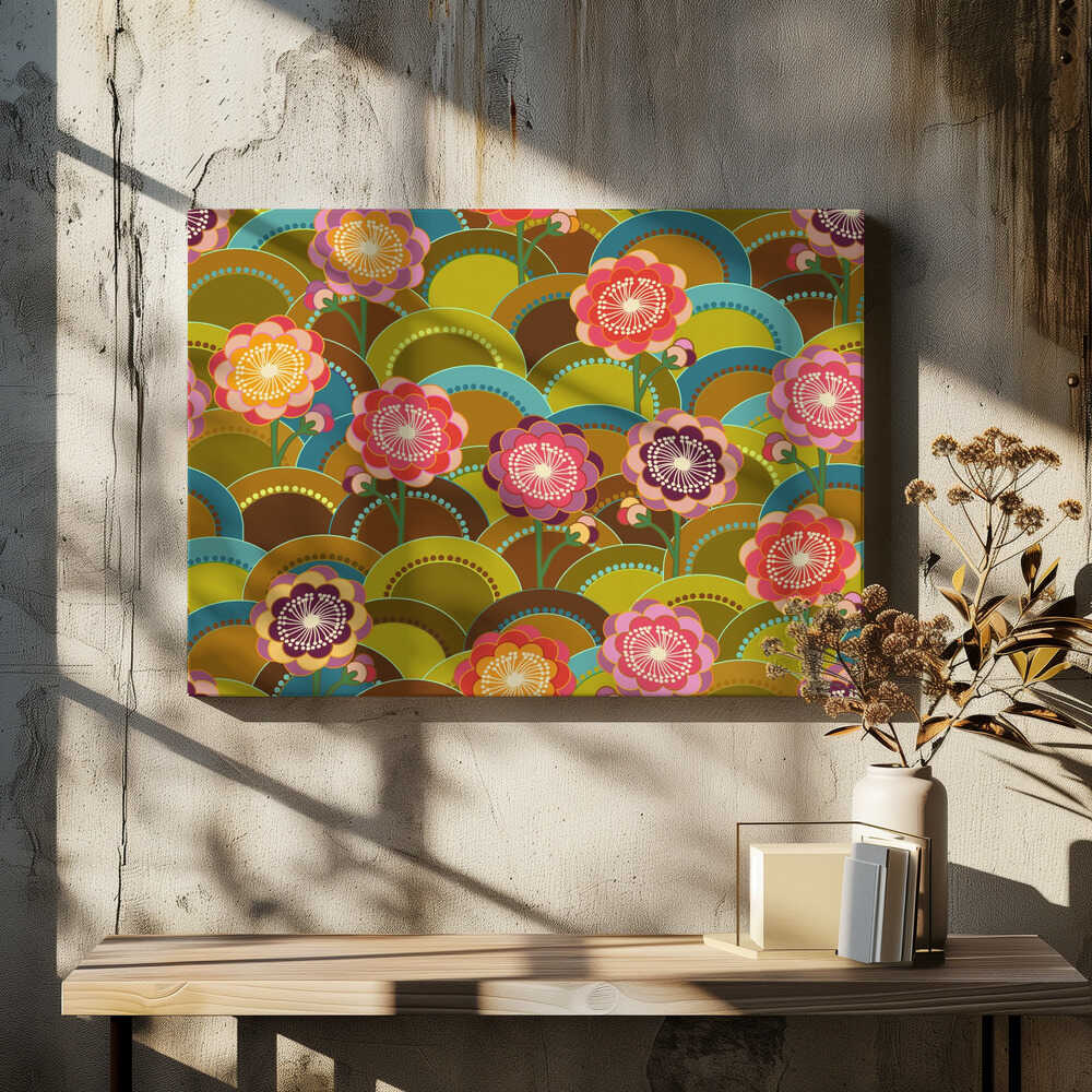 Colorful Flowers with Circles and Wave Design