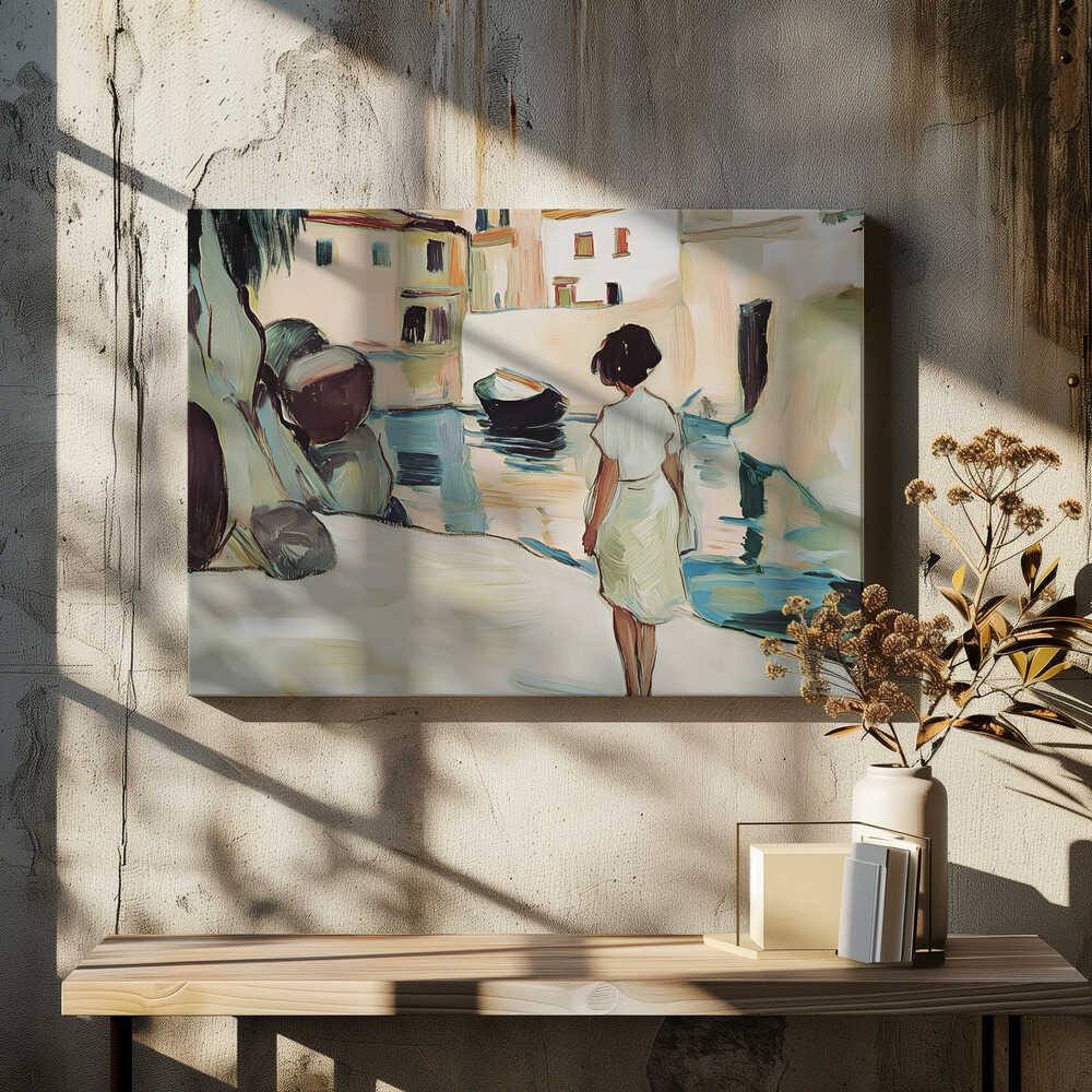 Solitary Figure Overlooking a Serene Canal with Boats