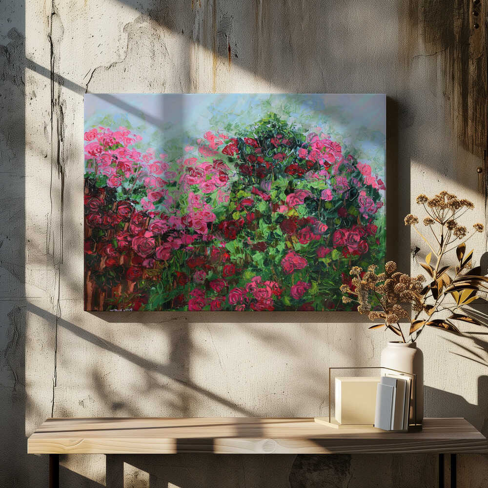 Lush Garden Of Pink And Red Roses