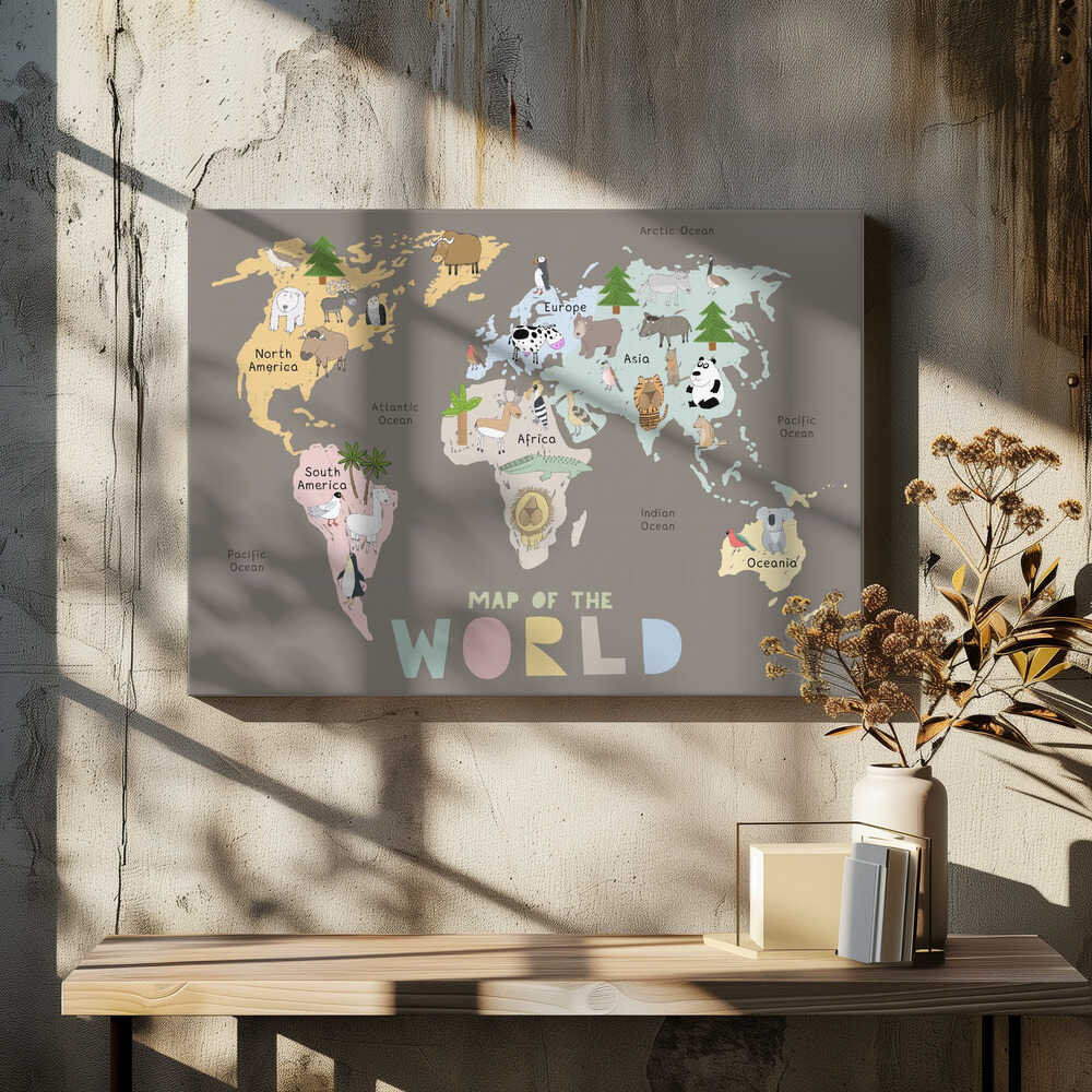 Map of the World with Cute Animals