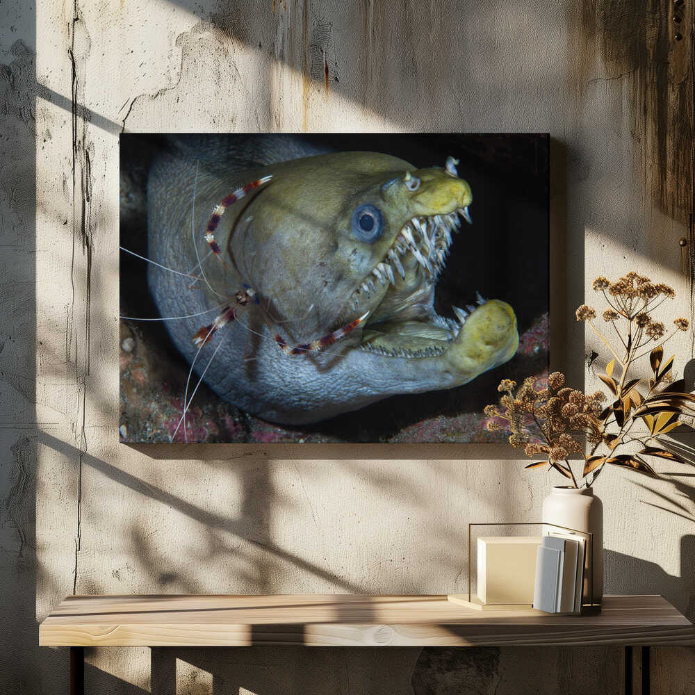 Viper moray and boxer shrimp