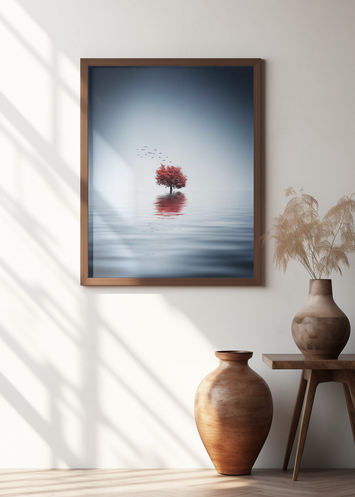 Autumn trees reflected blue lake