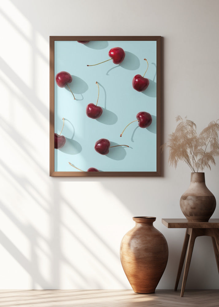 Cherries on turquoise background