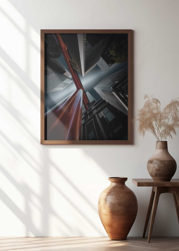 Torii gate flanked by buildings