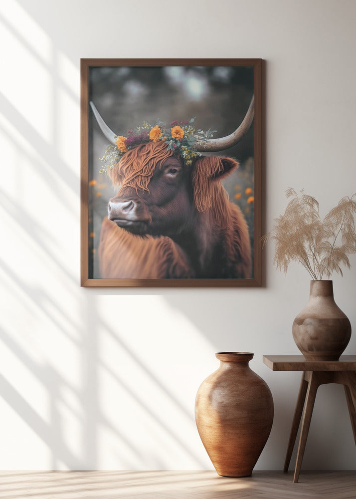 Highland Cow With Flowers