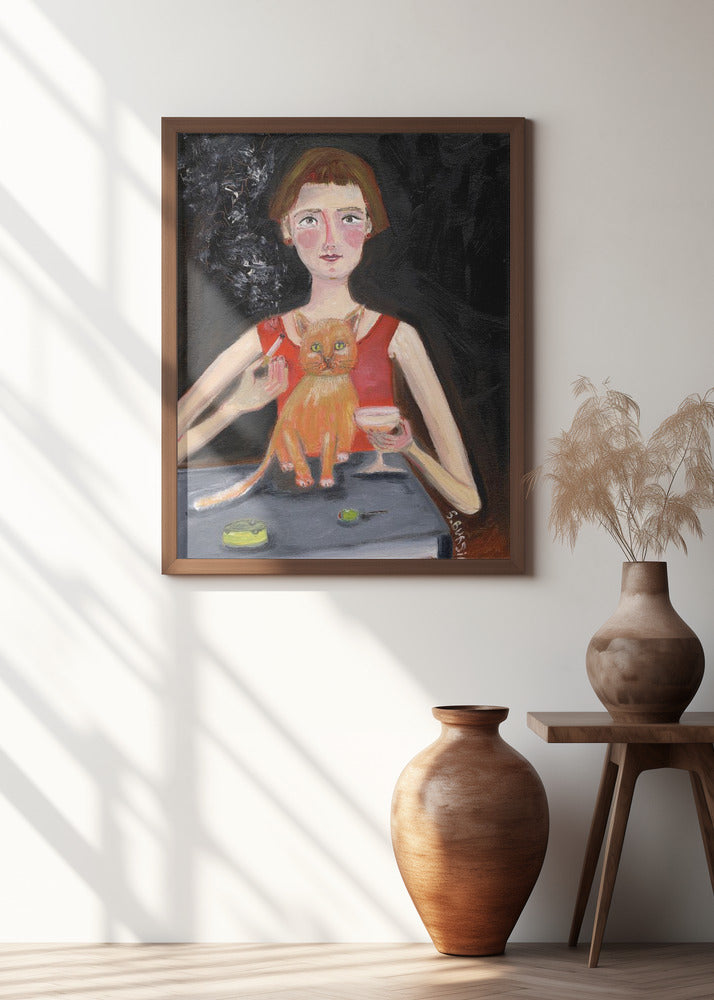 Vintage woman with cocktail and cat