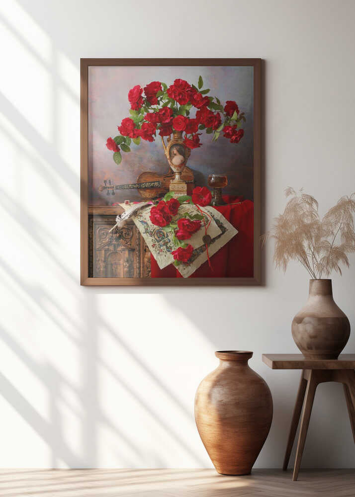 Still life with violin and red roses